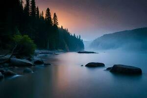 a beautiful sunrise over a lake with rocks and trees. AI-Generated photo