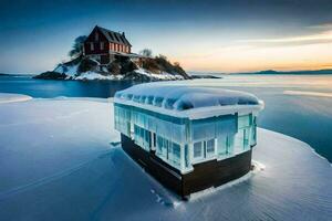 un casa en el agua con un nieve cubierto isla en el antecedentes. generado por ai foto