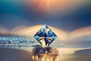 a diamond is sitting on the beach with a sun shining in the background. AI-Generated photo