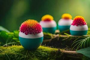 Pascua de Resurrección huevos con flores en el bosque. generado por ai foto