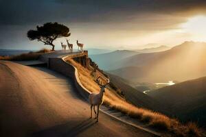 deer standing on the side of a mountain road. AI-Generated photo