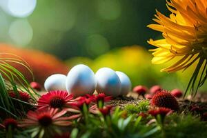 three eggs are sitting on the ground surrounded by flowers. AI-Generated photo