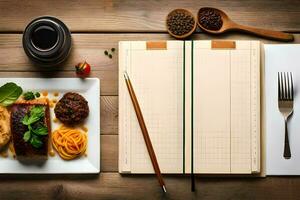 un cuaderno con un bolígrafo y un tenedor en un de madera mesa. generado por ai foto