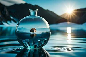 a house in a bottle on the water. AI-Generated photo