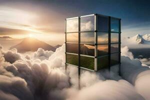 a building in the clouds with a view of the mountains. AI-Generated photo