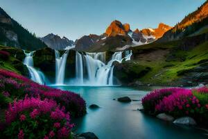 the waterfall in the mountains with flowers and pink flowers. AI-Generated photo