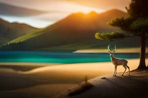 a deer stands in front of a tree on a beach. AI-Generated photo