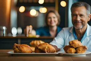 a man and woman sitting at a table with two plates of fried chicken. AI-Generated photo