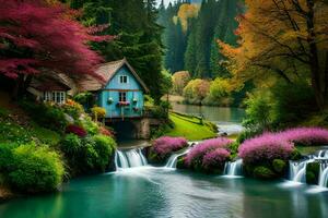 un pequeño casa se sienta en un pequeño cascada en el medio de un bosque. generado por ai foto