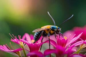 a bee on pink flowers with a blurred background. AI-Generated photo