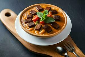 the bowl of curry is topped with tofu cubes and garnished with mint leaves. AI-Generated photo