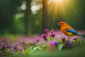 a colorful bird is standing on the ground in a field of flowers. AI-Generated photo