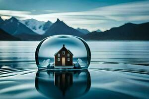un casa en un nieve globo en el agua. generado por ai foto