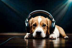a puppy wearing headphones on a dark floor. AI-Generated photo