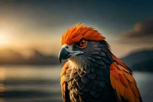 a colorful bird with orange and red feathers. AI-Generated photo