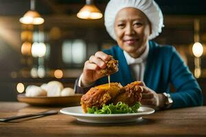an asian woman in a chef hat is holding a plate of fried chicken. AI-Generated photo