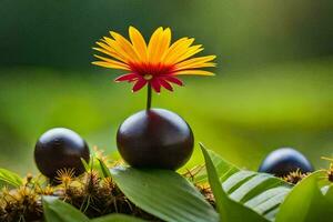 a flower and two black balls on top of a plant. AI-Generated photo