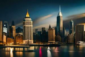 el nuevo York ciudad horizonte a noche. generado por ai foto