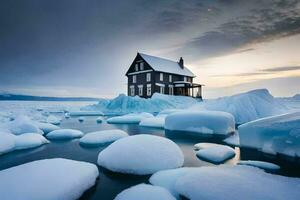 a house sits on top of ice in the middle of the ocean. AI-Generated photo