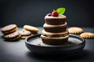 a stack of chocolate cupcakes with berries on top. AI-Generated photo