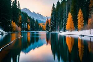 a lake surrounded by trees and mountains. AI-Generated photo