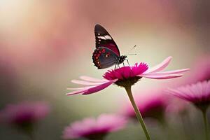 un mariposa es encaramado en un rosado flor. generado por ai foto