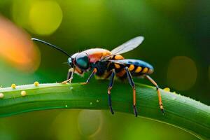 un avispa es sentado en un verde hoja. generado por ai foto