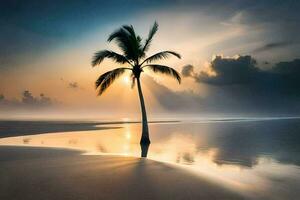 the sun rises over the ocean and the palm tree on the beach. AI-Generated photo