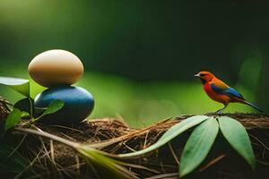 un pájaro se sienta en parte superior de un nido con huevos. generado por ai foto