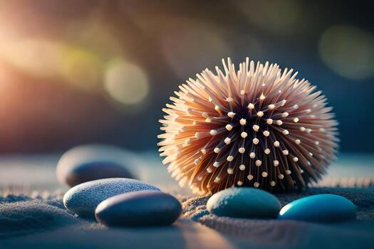 un puntiagudo pelota de madera y guijarros en un playa. generado por ai foto