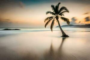 a lone palm tree stands on the beach at sunset. AI-Generated photo