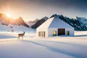 un ciervo soportes en frente de un blanco casa en el nieve. generado por ai foto