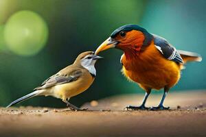 un pájaro y un pájaro son en pie siguiente a cada otro. generado por ai foto