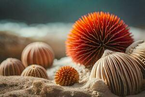 a group of colorful sea urchins on a sandy beach. AI-Generated photo