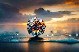 a diamond sitting on the beach at sunset. AI-Generated photo