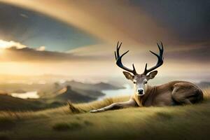 a deer is sitting on a hill with a sunset behind it. AI-Generated photo