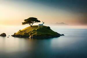 un solitario árbol soportes en un isla en el medio de el océano. generado por ai foto