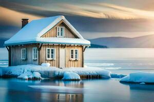 a small house sits on top of an ice floe. AI-Generated photo