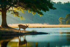 a deer stands on the shore of a lake. AI-Generated photo