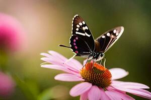 un mariposa es sentado en un rosado flor. generado por ai foto