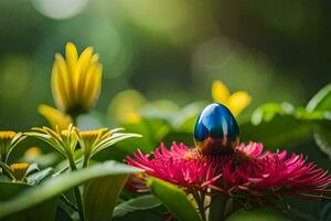 a blue egg sitting on a flower. AI-Generated photo