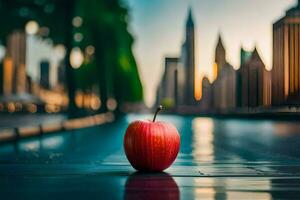 an apple sits on the ground in front of a city. AI-Generated photo