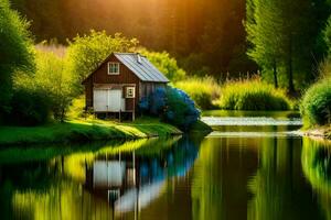 a small house sits on the edge of a lake. AI-Generated photo