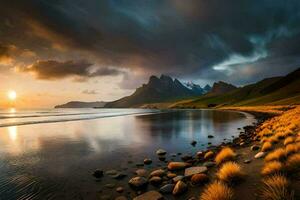 el Dom conjuntos terminado el montañas y el playa en Islandia. generado por ai foto