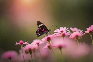 un mariposa es sentado en algunos rosado flores generado por ai foto