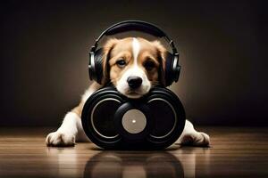 a dog wearing headphones and sitting on a speaker. AI-Generated photo