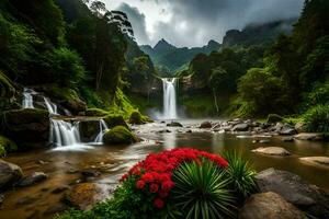 waterfall, flowers, green, mountains, rain, clouds, rainforest, rainforest waterfall. AI-Generated photo