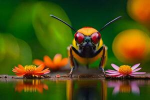 a colorful insect with red eyes sitting on the water. AI-Generated photo