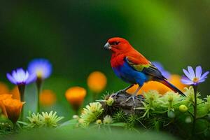 a colorful bird is sitting on a branch in a field of flowers. AI-Generated photo