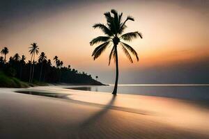 a lone palm tree stands on the beach at sunset. AI-Generated photo